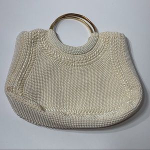 Vintage off white hand beaded purse - gold handles